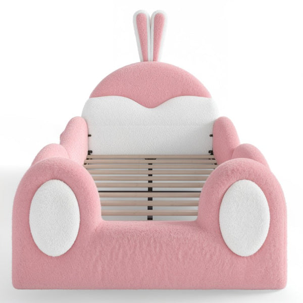 English Elm Twin Toddler Floor Bed Rabbit Headboard Teddy Fabric with Guardrails and Storage Pockets Twin White & Pink W5305P519060