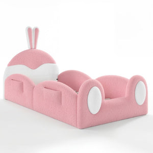 English Elm Twin Toddler Floor Bed Rabbit Headboard Teddy Fabric with Guardrails and Storage Pockets Twin White & Pink W5305P519060