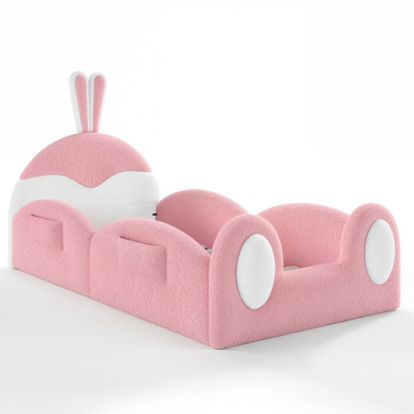 English Elm Twin Toddler Floor Bed Rabbit Headboard Teddy Fabric with Guardrails and Storage Pockets Twin White & Pink W5305P519060