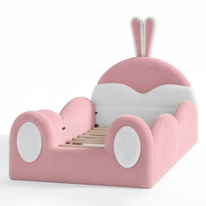 English Elm Twin Toddler Floor Bed Rabbit Headboard Teddy Fabric with Guardrails and Storage Pockets Twin White & Pink W5305P519060