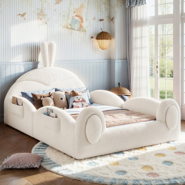English Elm Twin Toddler Floor Bed Rabbit Headboard Teddy Fabric with Guardrails and Storage Pockets Full Beige W5305P519061