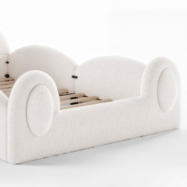 English Elm Twin Toddler Floor Bed Rabbit Headboard Teddy Fabric with Guardrails and Storage Pockets Full Beige W5305P519061