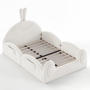 English Elm Twin Toddler Floor Bed Rabbit Headboard Teddy Fabric with Guardrails and Storage Pockets Full Beige W5305P519061