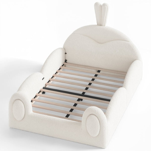 English Elm Twin Toddler Floor Bed Rabbit Headboard Teddy Fabric with Guardrails and Storage Pockets Full Beige W5305P519061