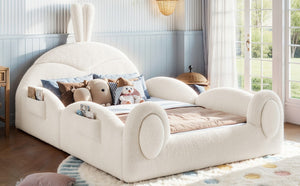 English Elm Twin Toddler Floor Bed Rabbit Headboard Teddy Fabric with Guardrails and Storage Pockets Full Beige W5305P519061