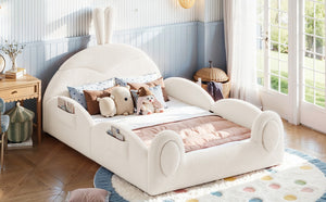 English Elm Twin Toddler Floor Bed Rabbit Headboard Teddy Fabric with Guardrails and Storage Pockets Full Beige W5305P519061