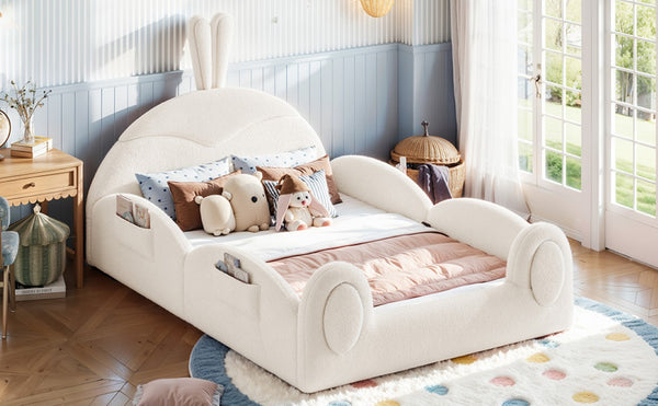 English Elm Twin Toddler Floor Bed Rabbit Headboard Teddy Fabric with Guardrails and Storage Pockets Full Beige W5305P519061