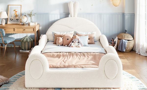 English Elm Twin Toddler Floor Bed Rabbit Headboard Teddy Fabric with Guardrails and Storage Pockets Full Beige W5305P519061