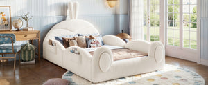 English Elm Twin Toddler Floor Bed Rabbit Headboard Teddy Fabric with Guardrails and Storage Pockets Full Beige W5305P519061