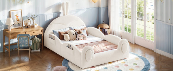 English Elm Twin Toddler Floor Bed Rabbit Headboard Teddy Fabric with Guardrails and Storage Pockets Full Beige W5305P519061