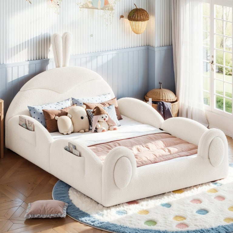 English Elm Twin Toddler Floor Bed Rabbit Headboard Teddy Fabric with Guardrails and Storage Pockets Full Beige W5305P519061