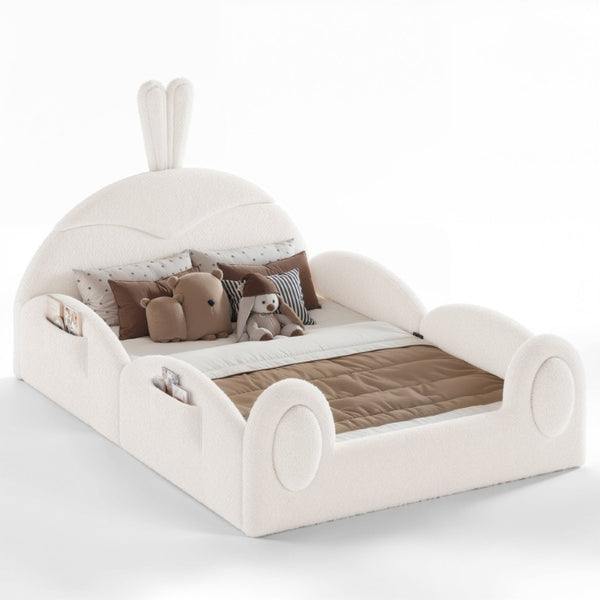 English Elm Twin Toddler Floor Bed Rabbit Headboard Teddy Fabric with Guardrails and Storage Pockets Full Beige W5305P519061