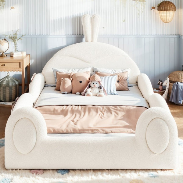 English Elm Twin Toddler Floor Bed Rabbit Headboard Teddy Fabric with Guardrails and Storage Pockets Full Beige W5305P519061