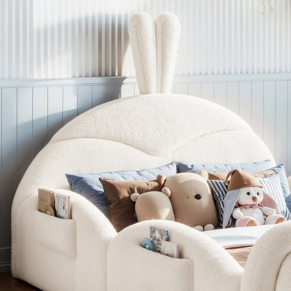 English Elm Twin Toddler Floor Bed Rabbit Headboard Teddy Fabric with Guardrails and Storage Pockets Full Beige W5305P519061