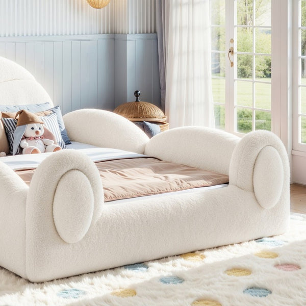 English Elm Twin Toddler Floor Bed Rabbit Headboard Teddy Fabric with Guardrails and Storage Pockets Full Beige W5305P519061