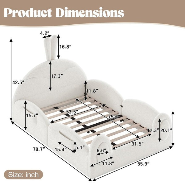 English Elm Twin Toddler Floor Bed Rabbit Headboard Teddy Fabric with Guardrails and Storage Pockets Full Beige W5305P519061
