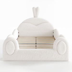 English Elm Twin Toddler Floor Bed Rabbit Headboard Teddy Fabric with Guardrails and Storage Pockets Full Beige W5305P519061