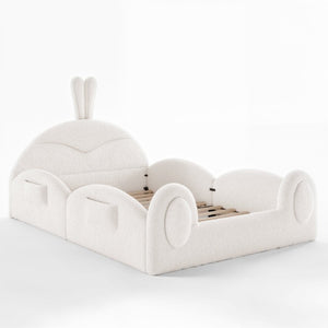 English Elm Twin Toddler Floor Bed Rabbit Headboard Teddy Fabric with Guardrails and Storage Pockets Full Beige W5305P519061
