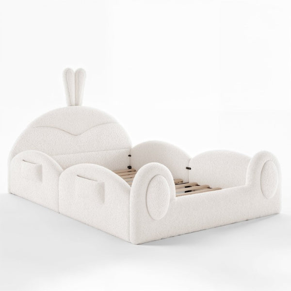 English Elm Twin Toddler Floor Bed Rabbit Headboard Teddy Fabric with Guardrails and Storage Pockets Full Beige W5305P519061