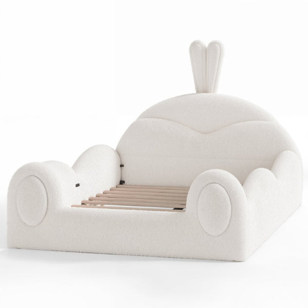 English Elm Twin Toddler Floor Bed Rabbit Headboard Teddy Fabric with Guardrails and Storage Pockets Full Beige W5305P519061