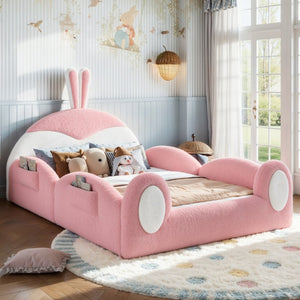English Elm Full Kids Plush Teddy Upholstered Floor Bed with Rabbit Headboard and Side Pockets Pink+White 78.7 L x 55.9 W x 42.5 H W5305P519062