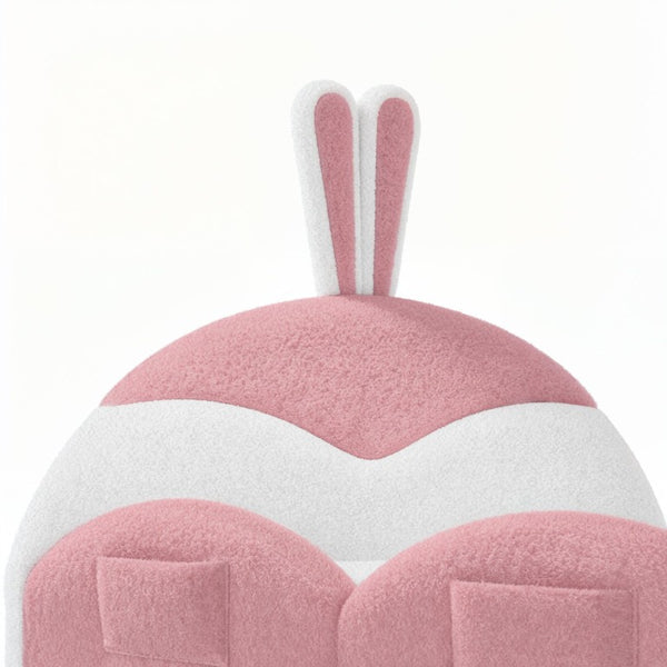 English Elm Full Kids Plush Teddy Upholstered Floor Bed with Rabbit Headboard and Side Pockets Pink+White 78.7 L x 55.9 W x 42.5 H W5305P519062