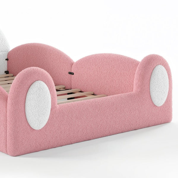 English Elm Full Kids Plush Teddy Upholstered Floor Bed with Rabbit Headboard and Side Pockets Pink+White 78.7 L x 55.9 W x 42.5 H W5305P519062