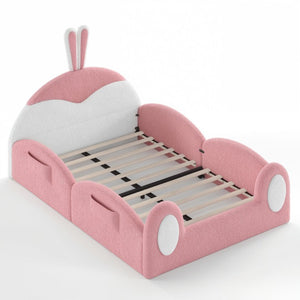 English Elm Full Kids Plush Teddy Upholstered Floor Bed with Rabbit Headboard and Side Pockets Pink+White 78.7 L x 55.9 W x 42.5 H W5305P519062