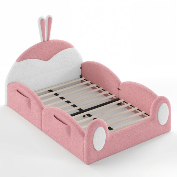 English Elm Full Kids Plush Teddy Upholstered Floor Bed with Rabbit Headboard and Side Pockets Pink+White 78.7 L x 55.9 W x 42.5 H W5305P519062