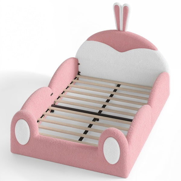 English Elm Full Kids Plush Teddy Upholstered Floor Bed with Rabbit Headboard and Side Pockets Pink+White 78.7 L x 55.9 W x 42.5 H W5305P519062