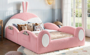 English Elm Full Kids Plush Teddy Upholstered Floor Bed with Rabbit Headboard and Side Pockets Pink+White 78.7 L x 55.9 W x 42.5 H W5305P519062