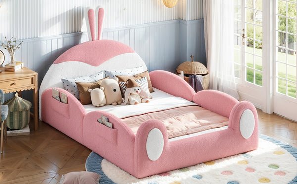 English Elm Full Kids Plush Teddy Upholstered Floor Bed with Rabbit Headboard and Side Pockets Pink+White 78.7 L x 55.9 W x 42.5 H W5305P519062