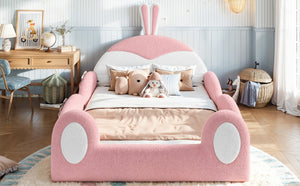 English Elm Full Kids Plush Teddy Upholstered Floor Bed with Rabbit Headboard and Side Pockets Pink+White 78.7 L x 55.9 W x 42.5 H W5305P519062
