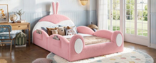 English Elm Full Kids Plush Teddy Upholstered Floor Bed with Rabbit Headboard and Side Pockets Pink+White 78.7 L x 55.9 W x 42.5 H W5305P519062