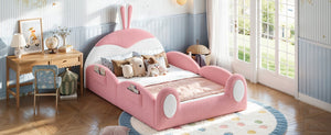 English Elm Full Kids Plush Teddy Upholstered Floor Bed with Rabbit Headboard and Side Pockets Pink+White 78.7 L x 55.9 W x 42.5 H W5305P519062