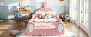 English Elm Full Kids Plush Teddy Upholstered Floor Bed with Rabbit Headboard and Side Pockets Pink+White 78.7 L x 55.9 W x 42.5 H W5305P519062