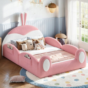 English Elm Full Kids Plush Teddy Upholstered Floor Bed with Rabbit Headboard and Side Pockets Pink+White 78.7 L x 55.9 W x 42.5 H W5305P519062
