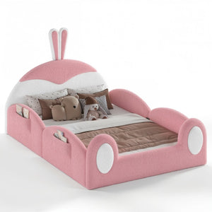English Elm Full Kids Plush Teddy Upholstered Floor Bed with Rabbit Headboard and Side Pockets Pink+White 78.7 L x 55.9 W x 42.5 H W5305P519062
