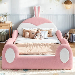English Elm Full Kids Plush Teddy Upholstered Floor Bed with Rabbit Headboard and Side Pockets Pink+White 78.7 L x 55.9 W x 42.5 H W5305P519062