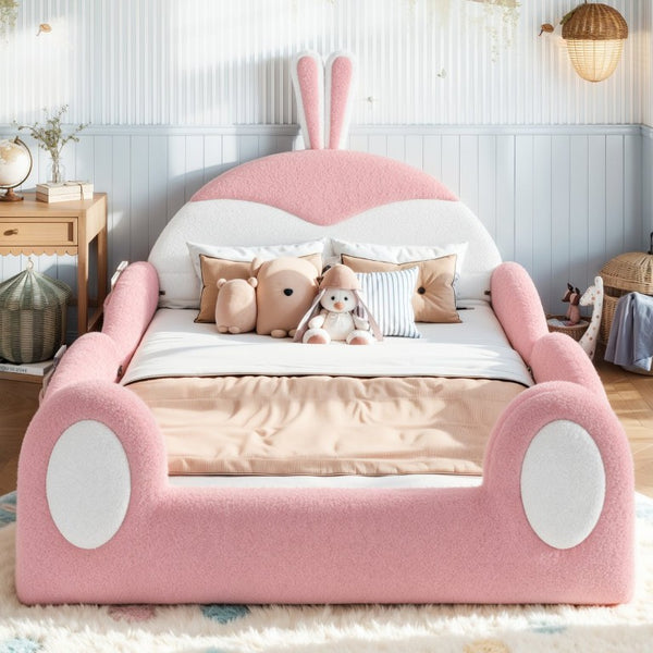 English Elm Full Kids Plush Teddy Upholstered Floor Bed with Rabbit Headboard and Side Pockets Pink+White 78.7 L x 55.9 W x 42.5 H W5305P519062