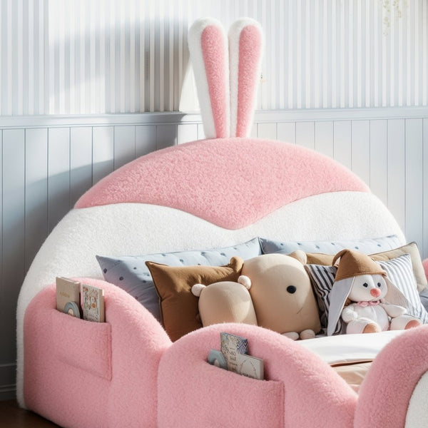 English Elm Full Kids Plush Teddy Upholstered Floor Bed with Rabbit Headboard and Side Pockets Pink+White 78.7 L x 55.9 W x 42.5 H W5305P519062