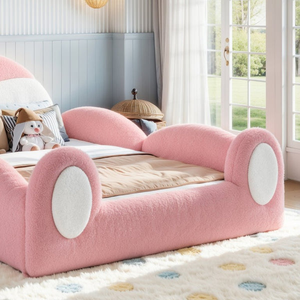 English Elm Full Kids Plush Teddy Upholstered Floor Bed with Rabbit Headboard and Side Pockets Pink+White 78.7 L x 55.9 W x 42.5 H W5305P519062