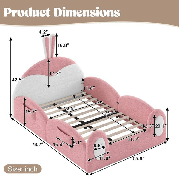 English Elm Full Kids Plush Teddy Upholstered Floor Bed with Rabbit Headboard and Side Pockets Pink+White 78.7 L x 55.9 W x 42.5 H W5305P519062