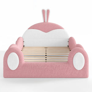English Elm Full Kids Plush Teddy Upholstered Floor Bed with Rabbit Headboard and Side Pockets Pink+White 78.7 L x 55.9 W x 42.5 H W5305P519062
