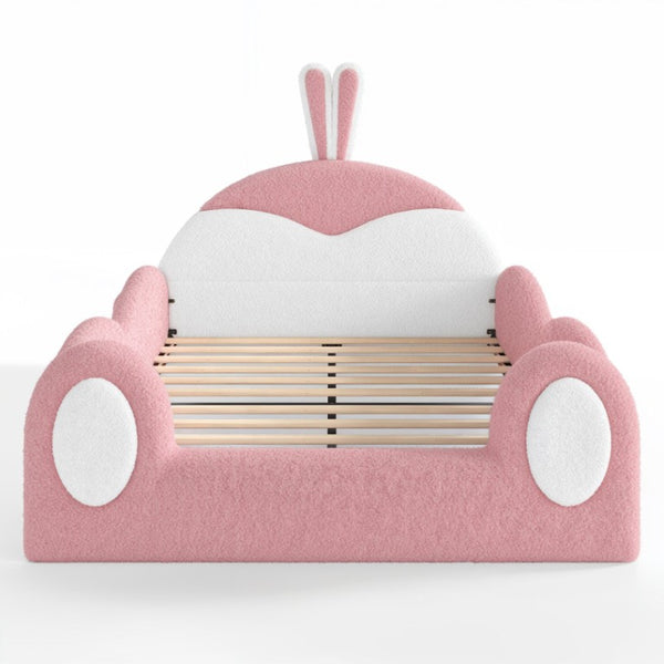 English Elm Full Kids Plush Teddy Upholstered Floor Bed with Rabbit Headboard and Side Pockets Pink+White 78.7 L x 55.9 W x 42.5 H W5305P519062