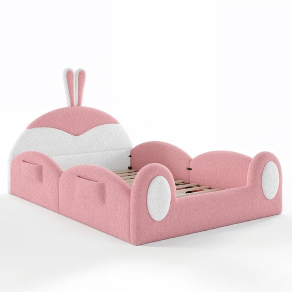 English Elm Full Kids Plush Teddy Upholstered Floor Bed with Rabbit Headboard and Side Pockets Pink+White 78.7 L x 55.9 W x 42.5 H W5305P519062