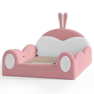 English Elm Full Kids Plush Teddy Upholstered Floor Bed with Rabbit Headboard and Side Pockets Pink+White 78.7 L x 55.9 W x 42.5 H W5305P519062