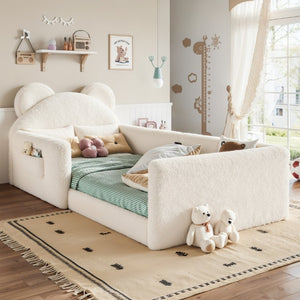 English Elm Full Kids Plush Teddy Upholstered Floor Bed with Rabbit Headboard and Side Pockets Beige 78.35 L x 40.16 W x 32.28 H W5305P519070