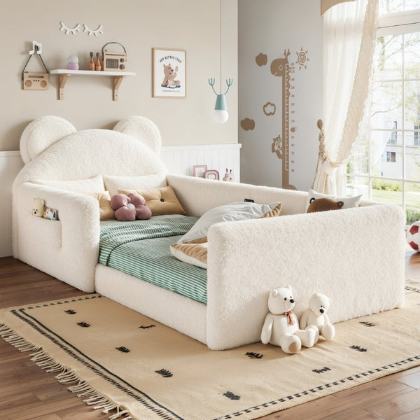 English Elm Full Kids Plush Teddy Upholstered Floor Bed with Rabbit Headboard and Side Pockets Beige 78.35 L x 40.16 W x 32.28 H W5305P519070