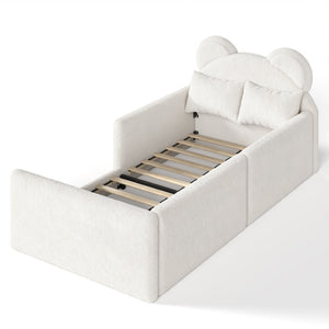 English Elm Full Kids Plush Teddy Upholstered Floor Bed with Rabbit Headboard and Side Pockets Beige 78.35 L x 40.16 W x 32.28 H W5305P519070